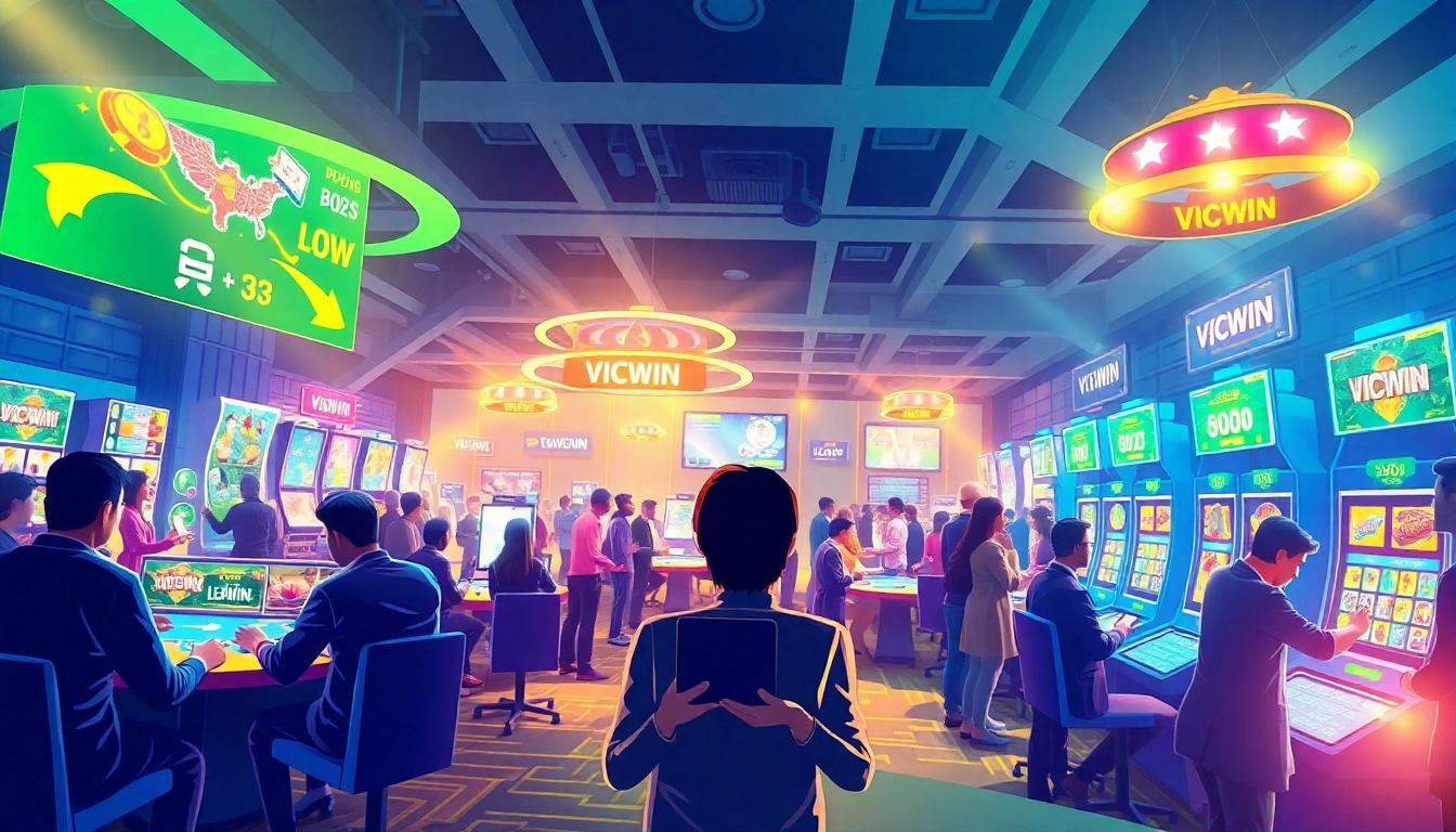 Dynamic illustration of VICWIN's online gaming platform showcasing diverse players engaged in various games, conveying excitement and security.