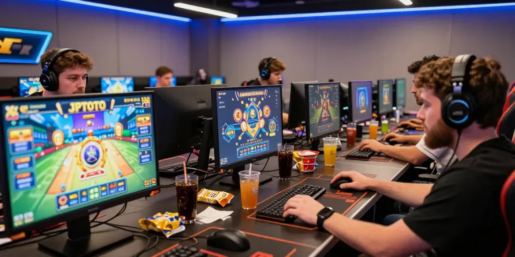 Pengalaman bermain game online JPTOTO dengan pemain fokus pada jackpot di ruang permainan modern.