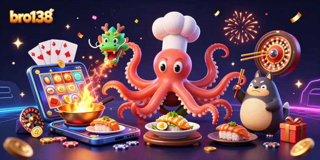 Bro138 offers immersive gaming excitement with a colorful slot scene featuring dynamic characters and rich casino elements.