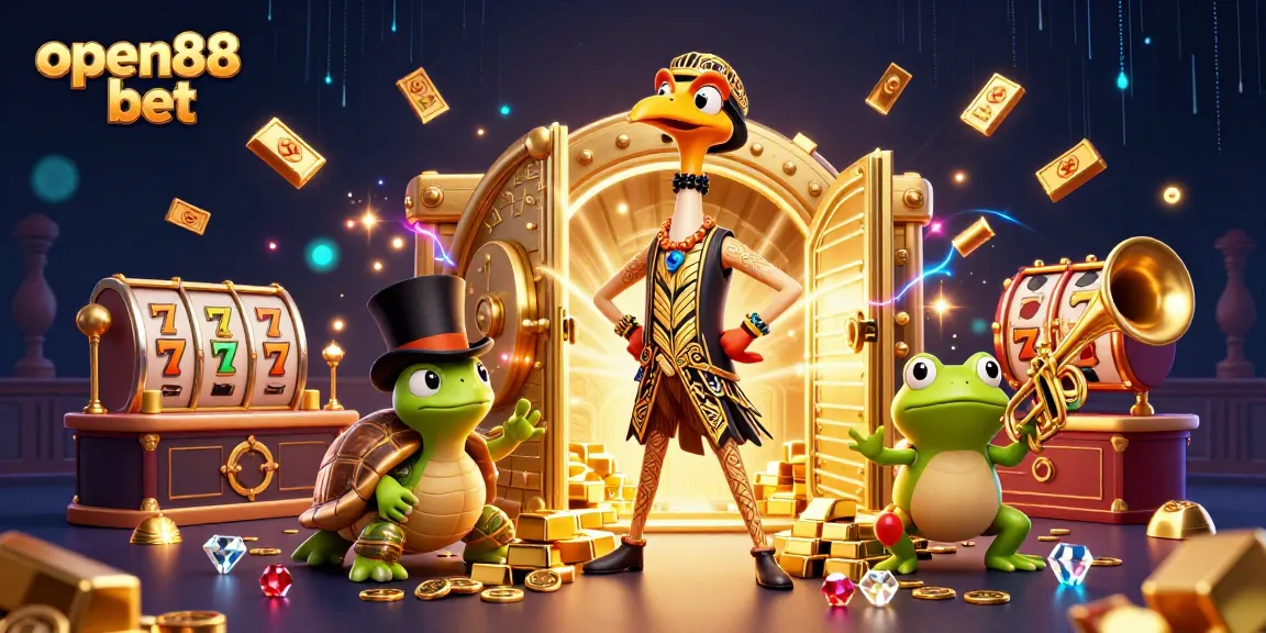 Experience the excitement of open88 bet with dynamic 3D casino characters amidst gold and jewels.