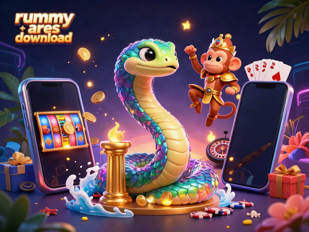 Join the excitement with rummy ares download, featuring vibrant characters and casino games in a magical scene.