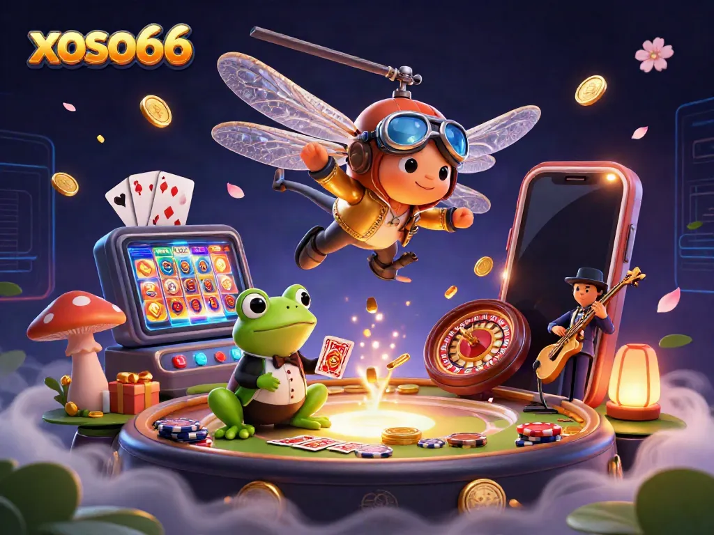 Experience the thrill of xoso66 slots with a vibrant dragonfly pilot and frog dealer in a lively casino scene.