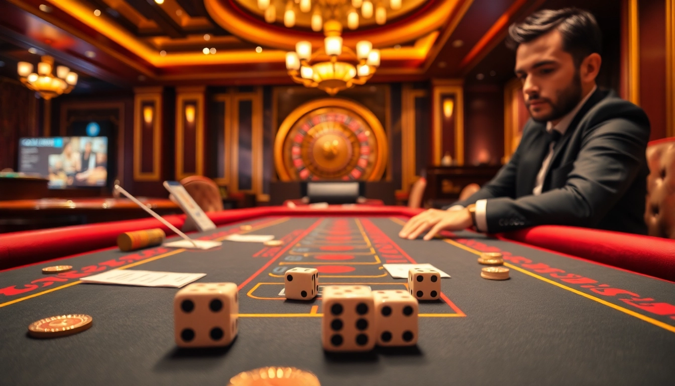 Play thrilling Evolution Gaming ไฮโล มือถือ at a luxurious casino table, complete with vibrant dice and chips.