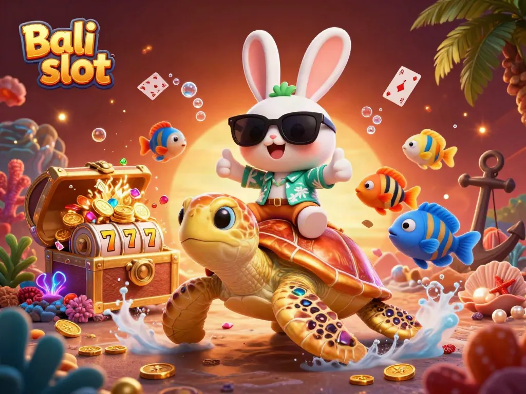 Experience vibrant Bali slot adventure through a whimsical illustration with lucky rabbit and sea turtle.