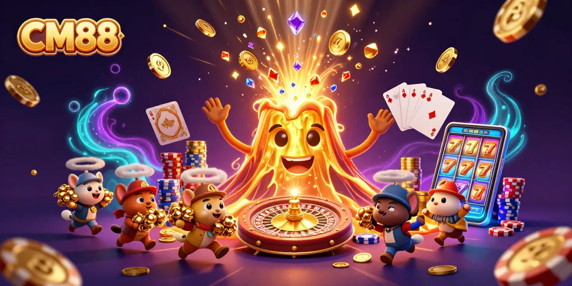 Experience the thrill of CM88 with a dynamic casino scene featuring a golden volcano and treasure.