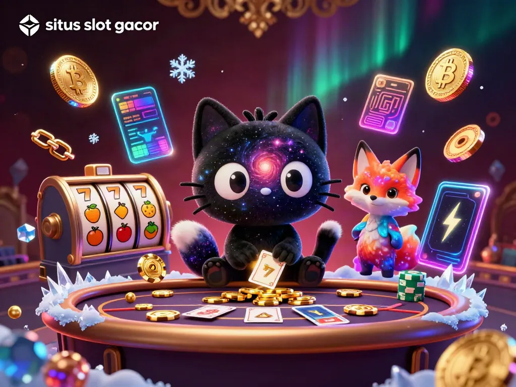 Engage in situs slot gacor with a whimsical cat and fox in a vibrant cosmic casino