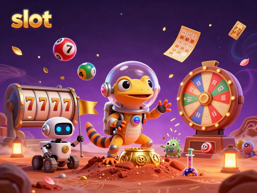 Engaging 3D scene showcasing a Martian gecko with slot reels and lottery elements for casino gaming.