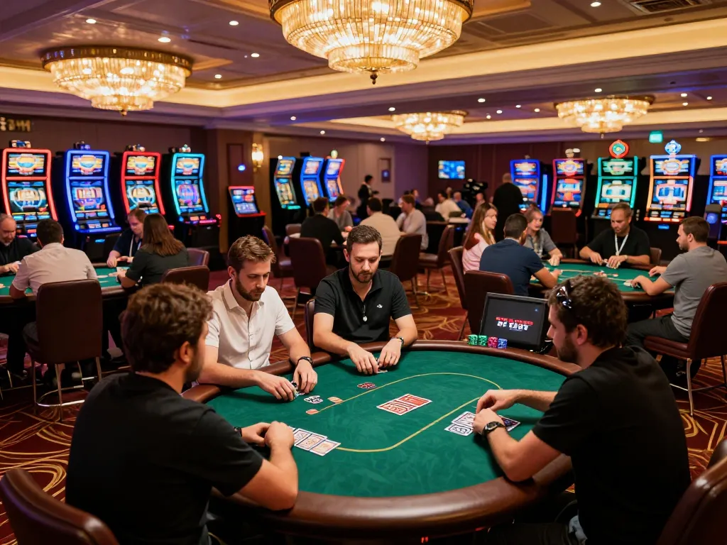 Engaged players in a z16 poker tournament making strategic bets at elegant casino tables.