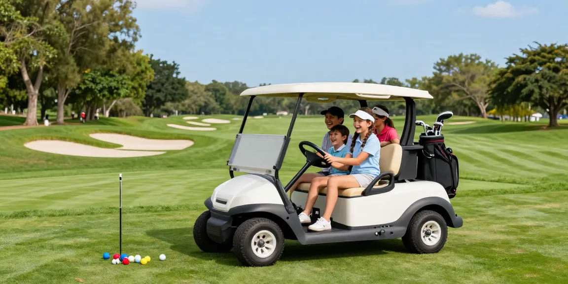 Family enjoying a ride in a gas golf cart for sale on the golf course, showcasing outdoor fun and leisure.