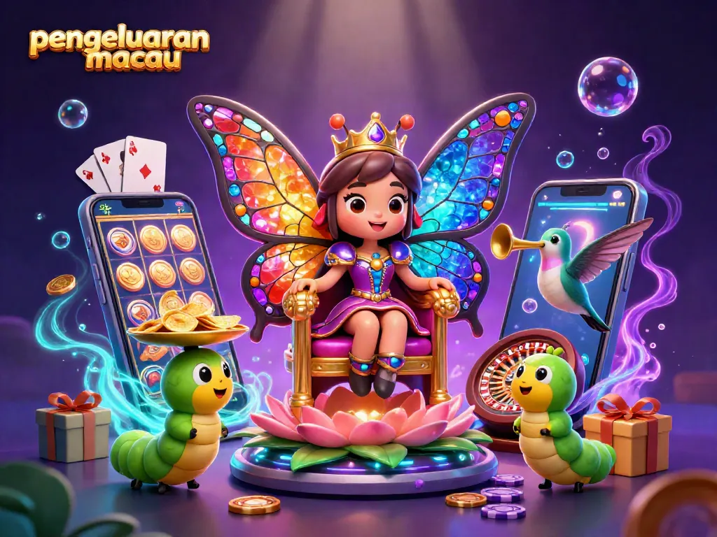 Mengakses pengeluaran macau dengan ilustrasi 3D karakter ratu kupu-kupu, cangkir emas, dan efek permainan slot.