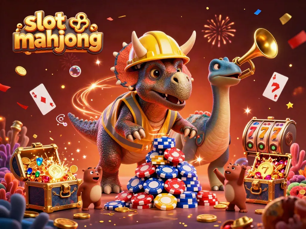 Experience the excitement of slot mahjong with a vibrant scene featuring fun characters and dynamic casino elements.