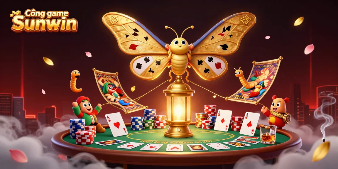 Experience the magical Cổng game Sunwin as an atlas moth showcases playing cards in a vibrant casino.
