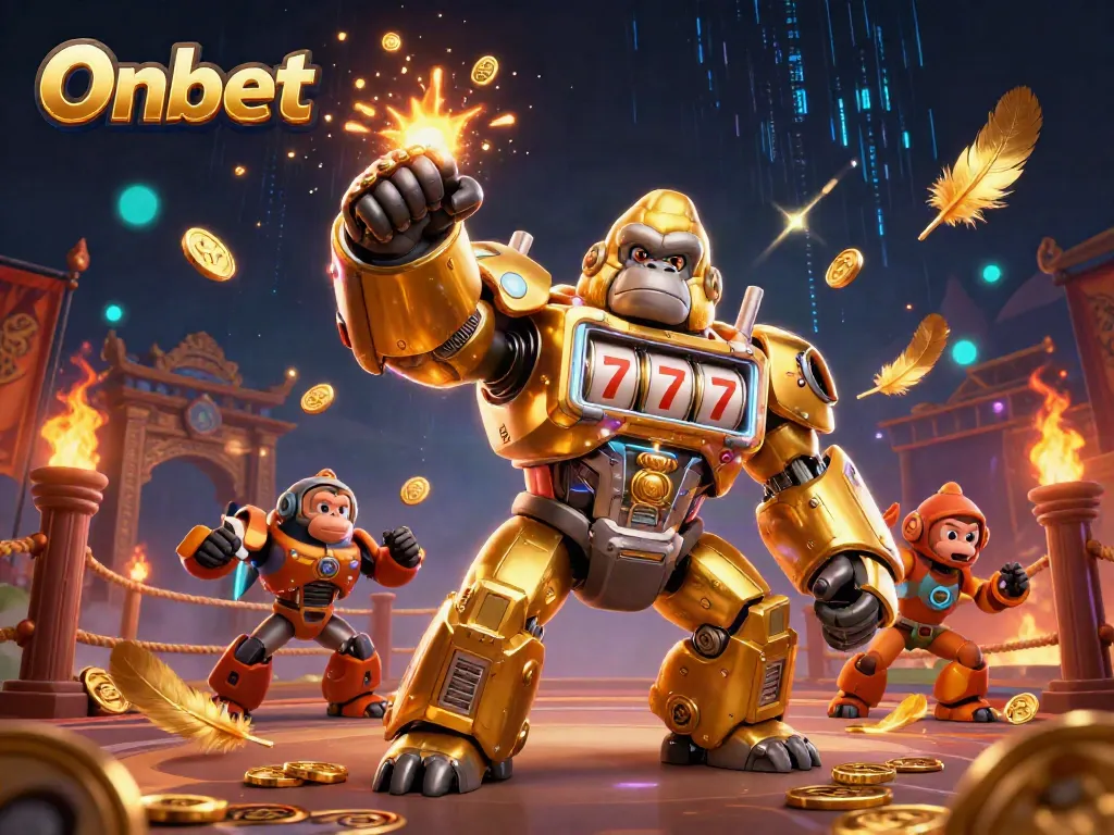 Experience Onbet's thrilling gaming world with a dynamic gorilla mech and explosive casino elements.