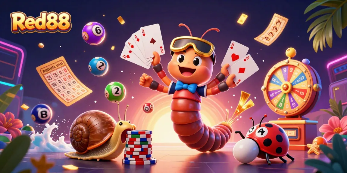 Experience the thrill of Red88 with a vibrant casino scene featuring playful characters and dynamic game elements.