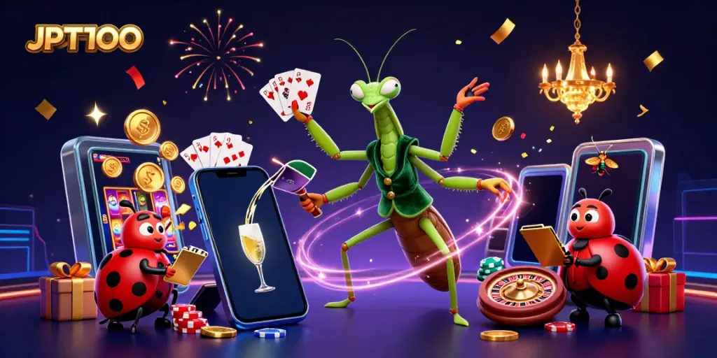 Bermain dengan slot JPTOTO yang penuh warna, dikelilingi oleh karakter ramah dan suasana kasino yang meriah.