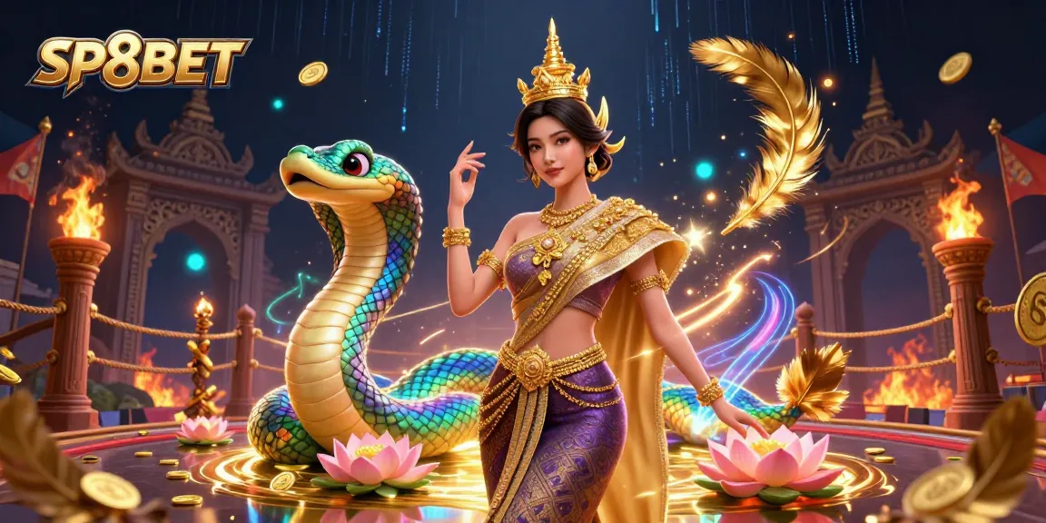 Experience thrilling gaming action with SP8BET, featuring a vibrant Thai dancer and Naga amid golden coins.