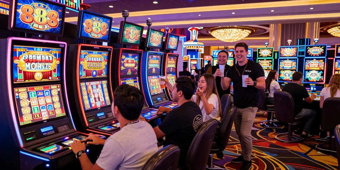 Pemain merayakan kemenangan di mesin 888 slots di kasino dengan suasana meriah dan lampu berwarna.