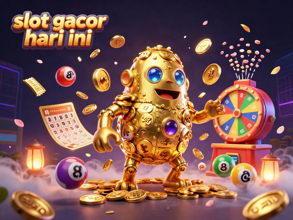 Engage with slot gacor hari ini featuring a vibrant scene of a golden golem amidst dynamic lottery elements.