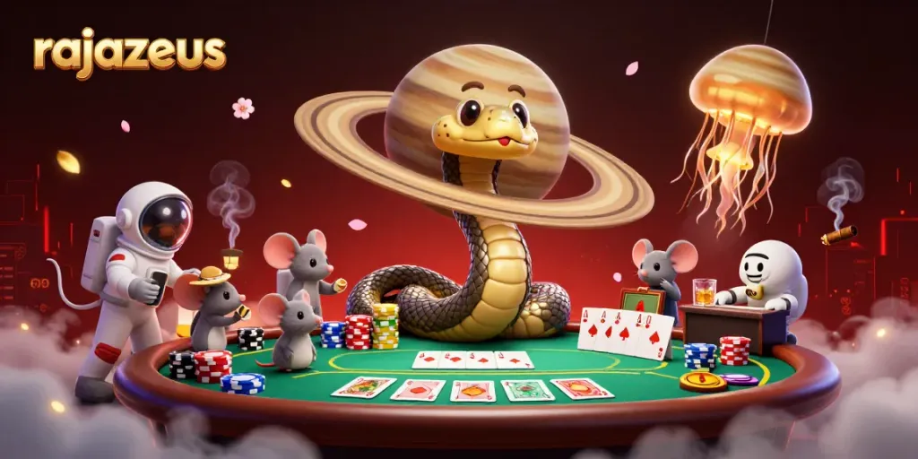 Temukan permainan slot menarik di RajaZeus dengan ilustrasi 3D ceria dan karakter berinteraksi dengan elemen kasino.