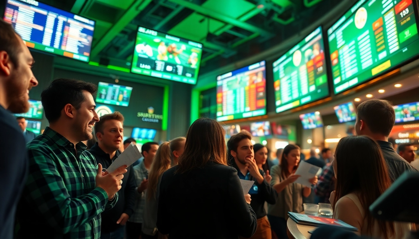 Engaged fans participating in Sports Betting at a lively sportsbook with excited expressions.