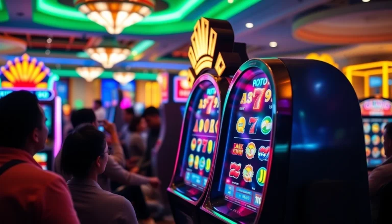 Menangkan Slot Game dengan mesin modern yang menyala di kasino yang ramai.