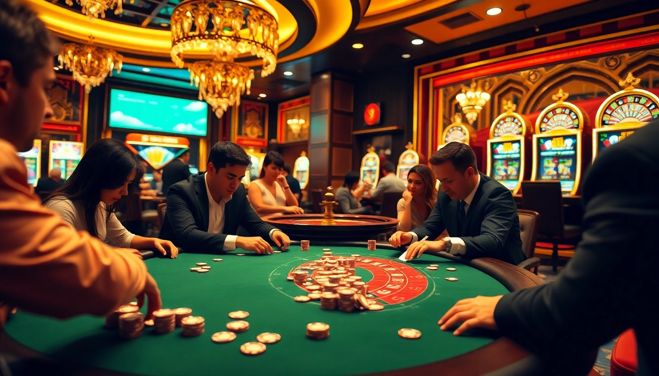 Players engaging in a high-stakes poker game at a luxury casino, reflecting the essence of OK8386.
