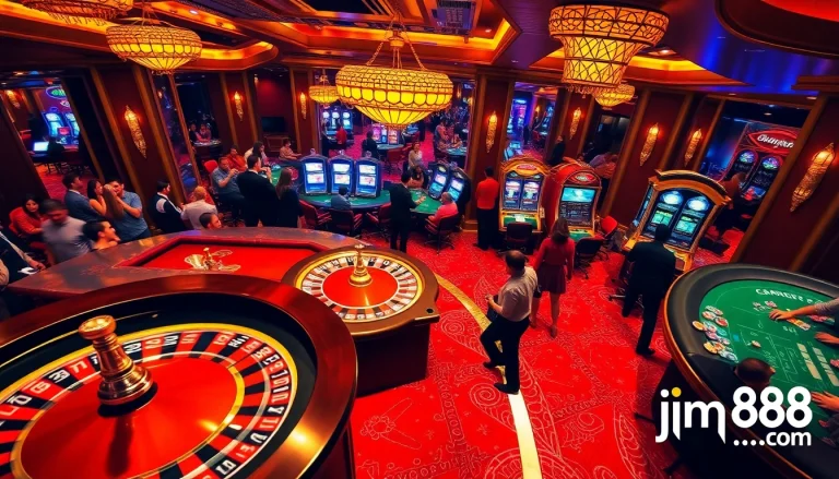 Experience the thrill of engaging games on jun88.com with players enjoying roulette, poker, and slots in a glamorous casino atmosphere.