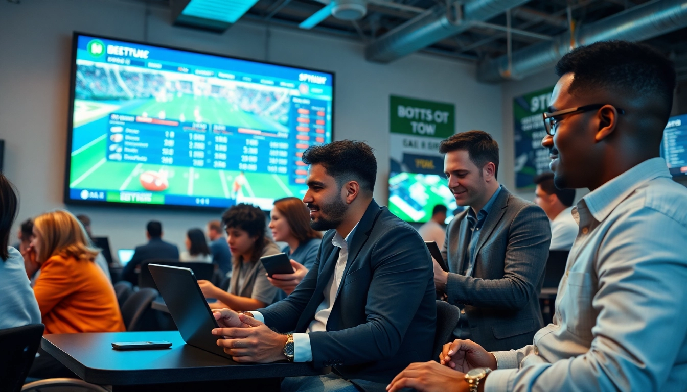 Dynamic scene of online Betting with diverse players engaging in sports betting.