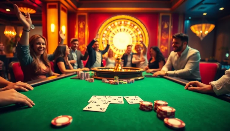 Players celebrating wins at a luxurious casino table featuring OK8386-themed gaming elements.