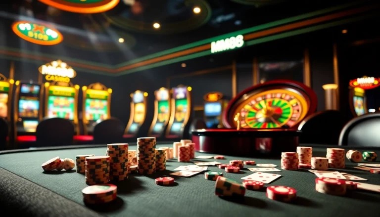 MM88 casino scene with vibrant poker chips, cards, and a roulette wheel showcasing high-stakes action.