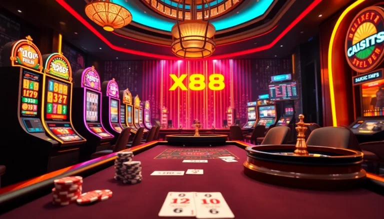 Exciting casino atmosphere featuring XX88.AI online gaming tables and vibrant slot machines.