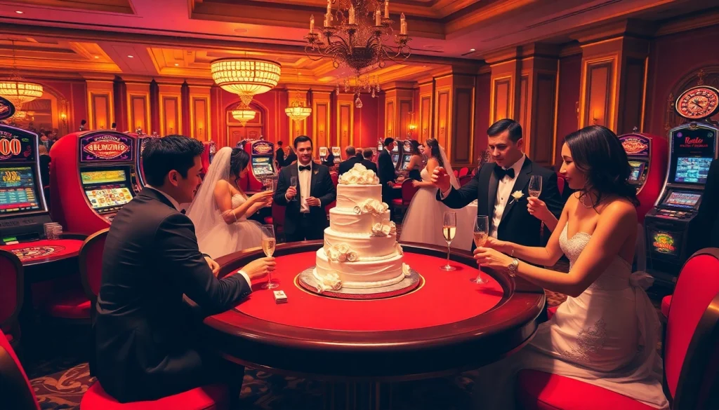 Experience the excitement of Hi88 wedding with elegant gambling elements at a luxury casino scene.