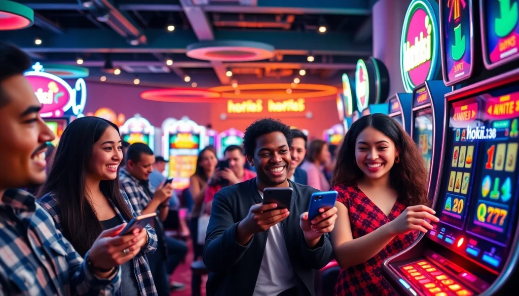 Exciting online gaming scene featuring hoki138 logo with diverse players enjoying slot games on various devices.