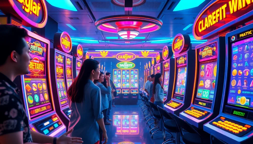 Situs kode4d online gaming scene showcasing vibrant slot machines and engaging players in a high-tech environment.