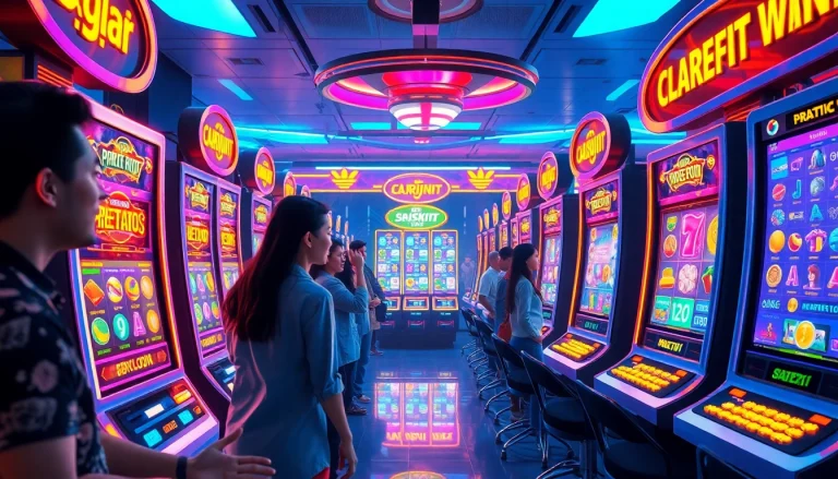 Situs kode4d online gaming scene showcasing vibrant slot machines and engaging players in a high-tech environment.