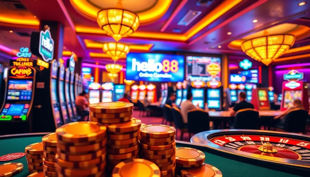 Experience thrilling gameplay at Hello88 with vibrant casino lights and engaging gaming tables.