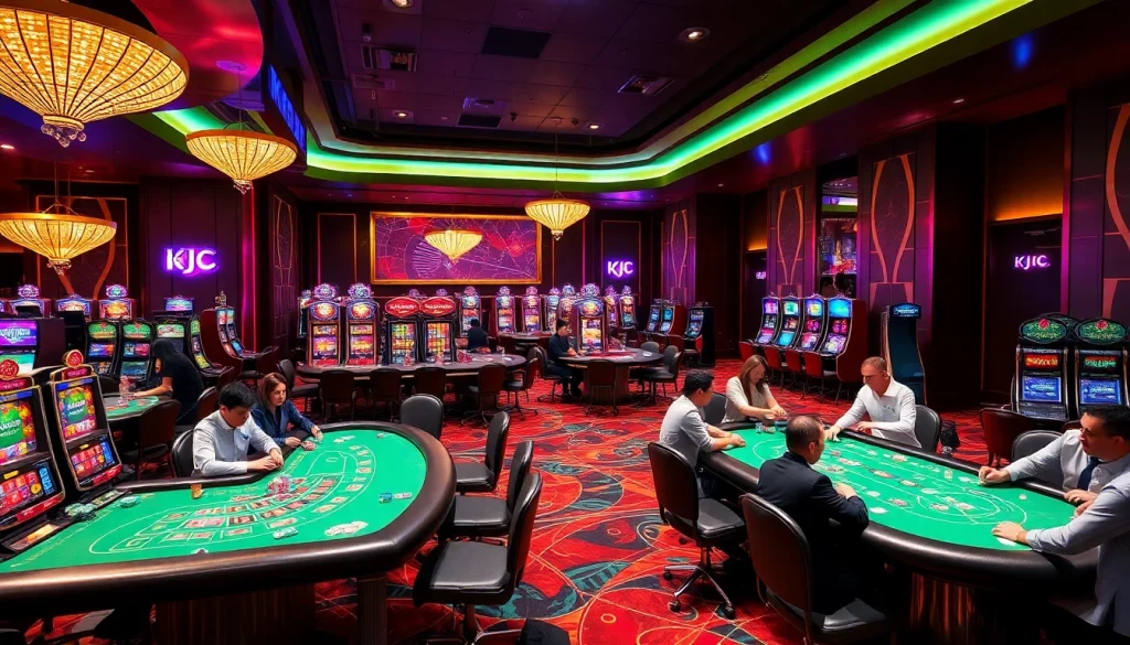 Engaging in thrilling KJC casino gameplay at elegant poker tables under shimmering lights.