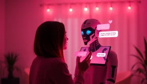 Engaging sex ai chat interaction between a user and a lifelike AI chatbot in a cozy digital environment.