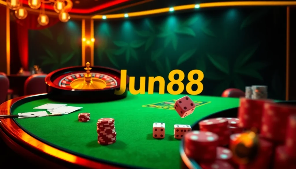 Experience the excitement at trang chủ Jun88 with vibrant online casino visuals, roulette wheels, and poker chips.