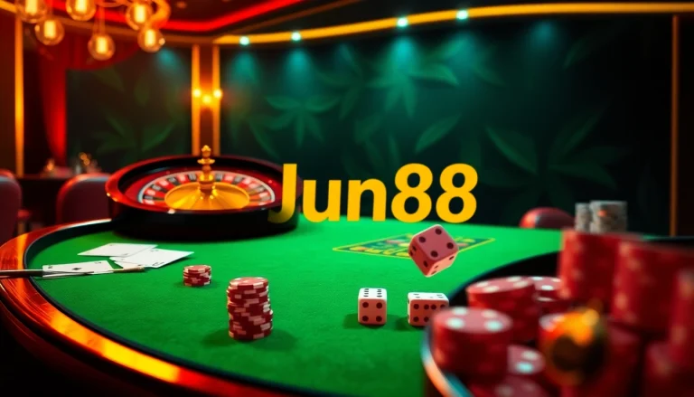 Experience the excitement at trang chủ Jun88 with vibrant online casino visuals, roulette wheels, and poker chips.