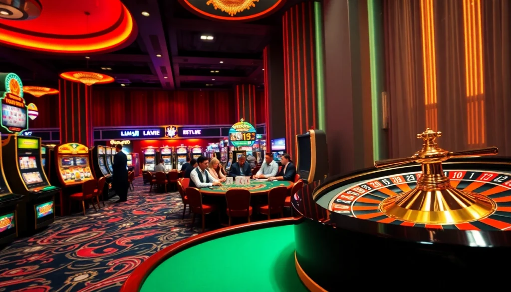 Exciting gambling scene at https://jboqz.com with vibrant tables, dealers, and engaged players.