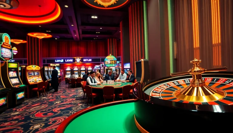 Exciting gambling scene at https://jboqz.com with vibrant tables, dealers, and engaged players.