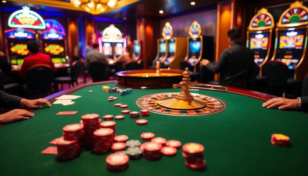 Experience the excitement at King Arthur Cafe menu-inspired gaming tables with colorful chips and cards.