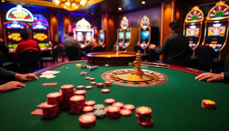 Experience the excitement at King Arthur Cafe menu-inspired gaming tables with colorful chips and cards.