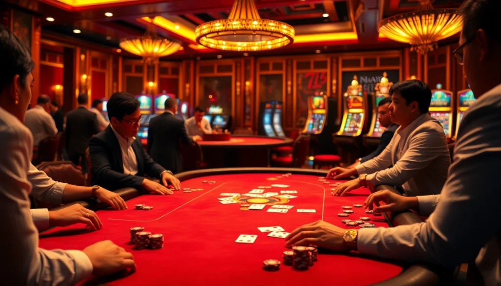 Experience the thrill of gambling at MM88 with a luxurious casino scene featuring poker and roulette.