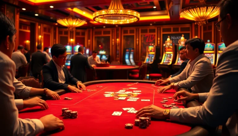 Experience the thrill of gambling at MM88 with a luxurious casino scene featuring poker and roulette.