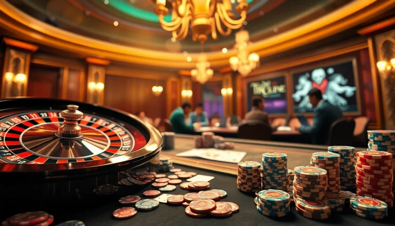 Experience thrilling wins at https://kkwin.co.com/ with an exciting casino scene featuring poker cards and roulette.