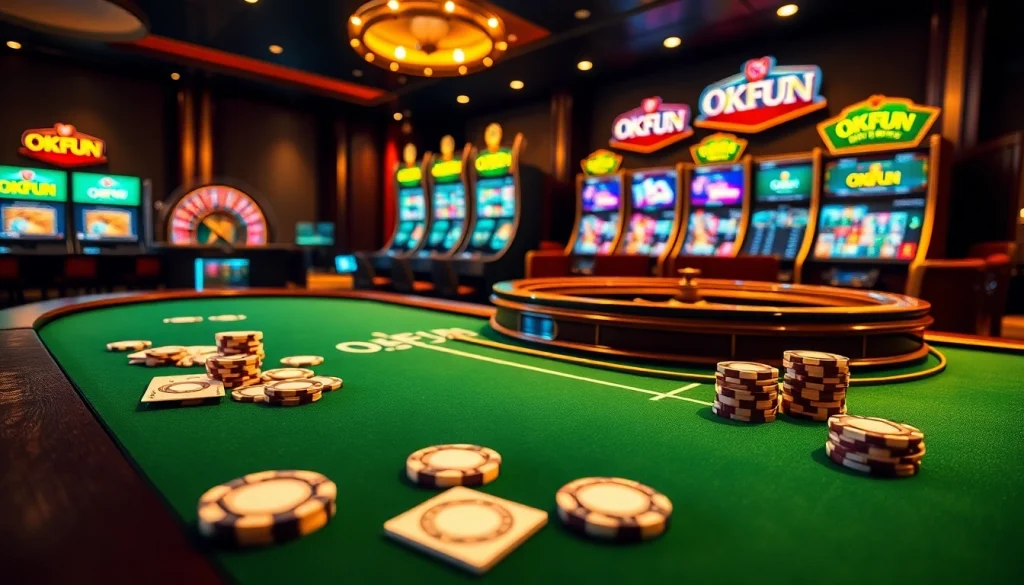 Engaging gambling scene featuring Okfun elements at a luxurious casino table with poker chips and cards.