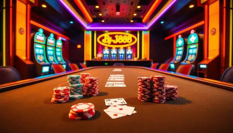 Experience the thrill of resistance at Nhà Cái BJ888's luxurious blackjack table, featuring vibrant chips and cards.