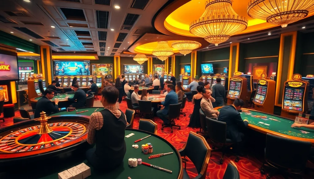 Engaging scene at https://xx88casino.com featuring vibrant casino activities with poker tables and slot machines.